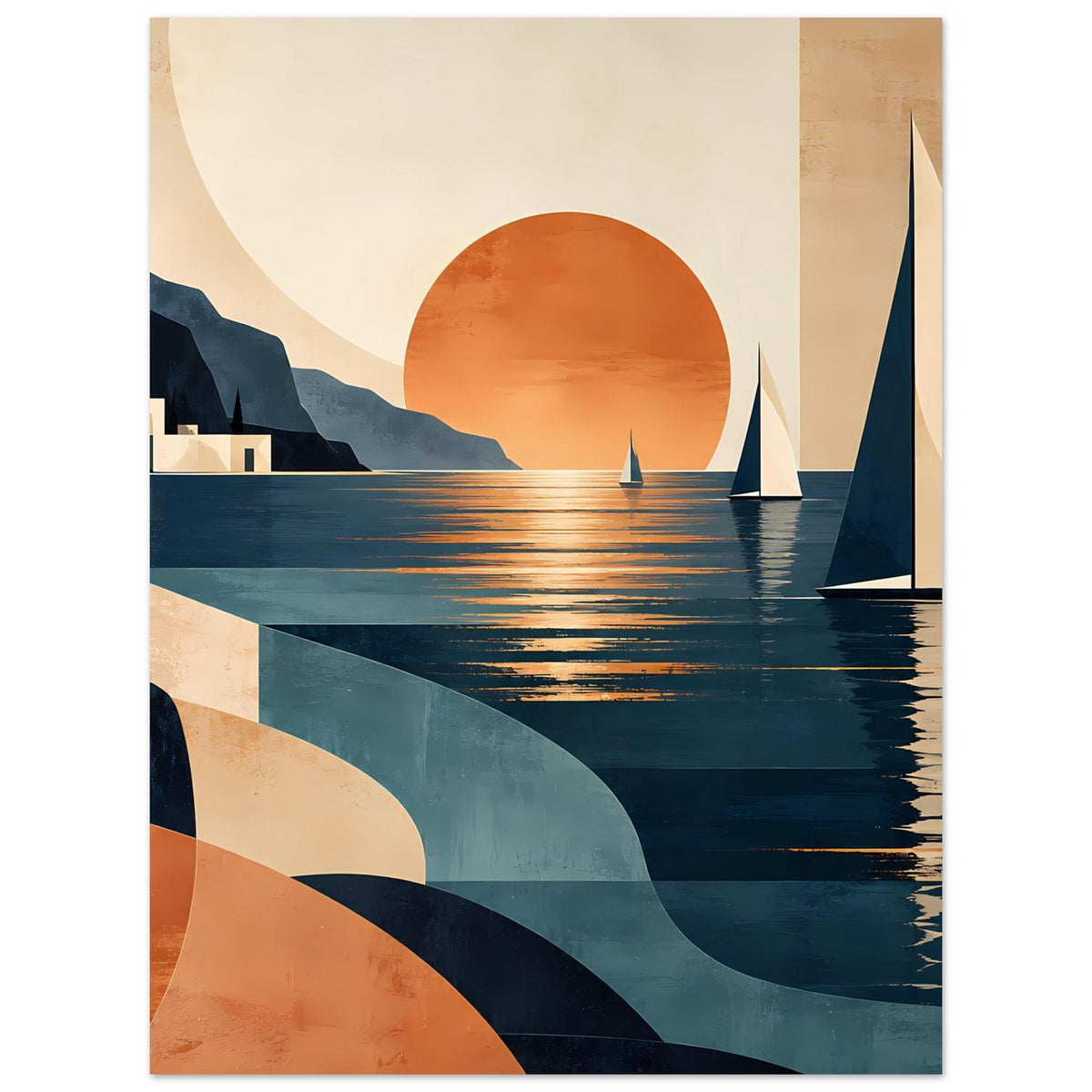 Poster: Sonnenkreis bei Sonnenuntergang, Segelboote und reflektierende Wellen in Blau und Orange