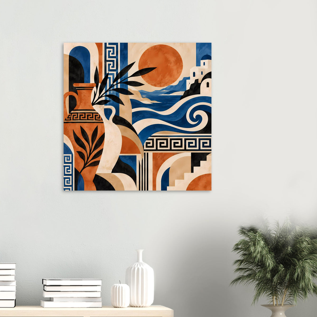 Abstrakter quadratischer Kunstdruck: Frau, Vogel, Sonne, blaue Wellen und geometrische Ornamente