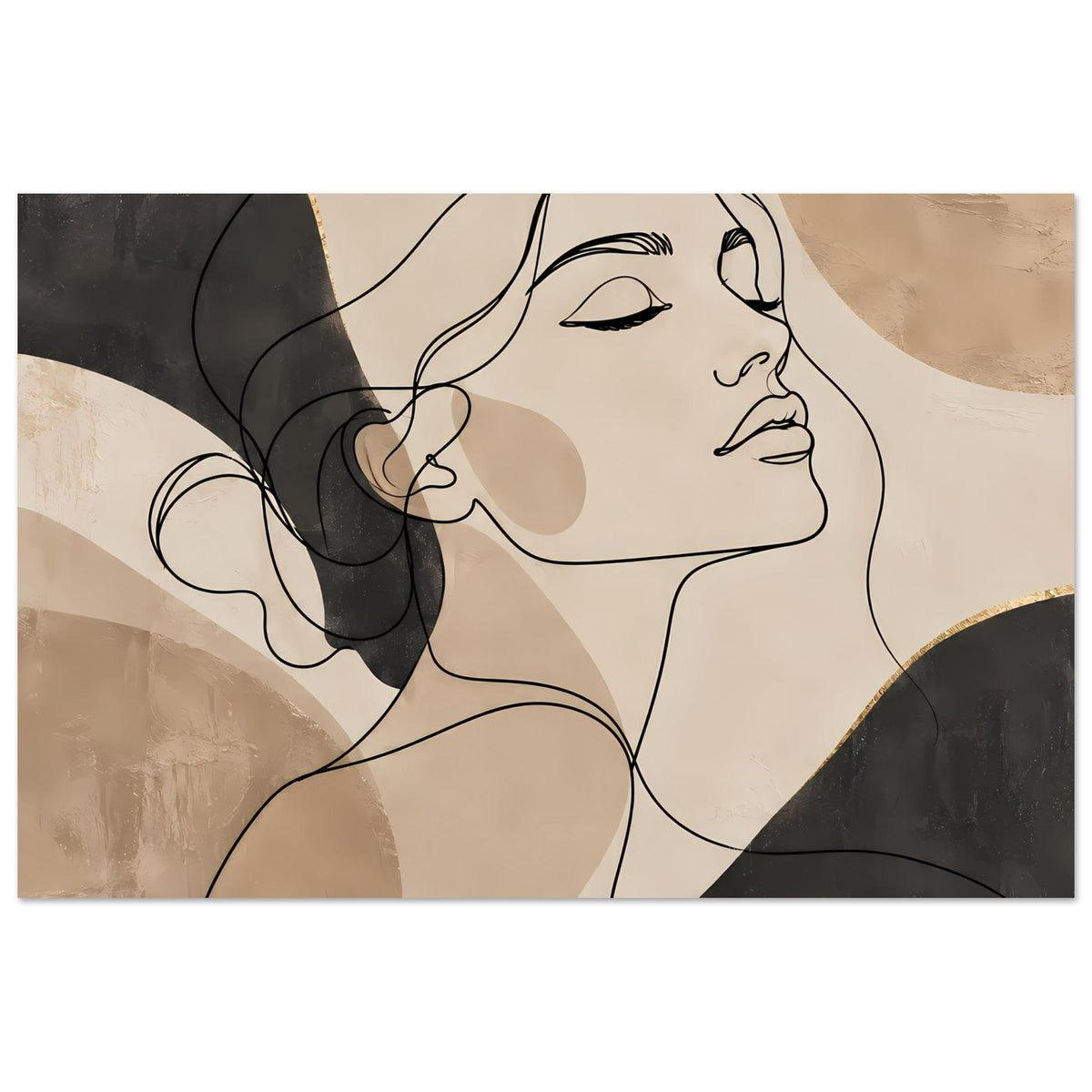 Kunstposter im Querformat: minimalistische Linienkunst mit Frauenprofilen in Beige und Schwarz