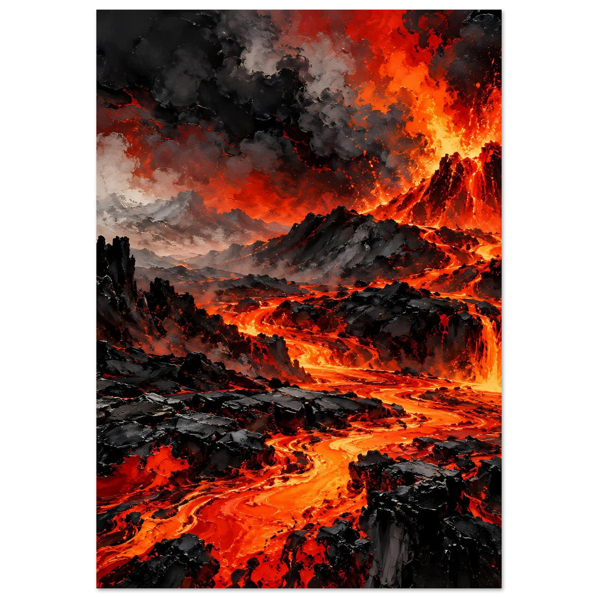 Vertikales Vulkan-Ausbruch Poster mit glühender Lava, Rauch und dunklen, zerklüfteten Felswänden