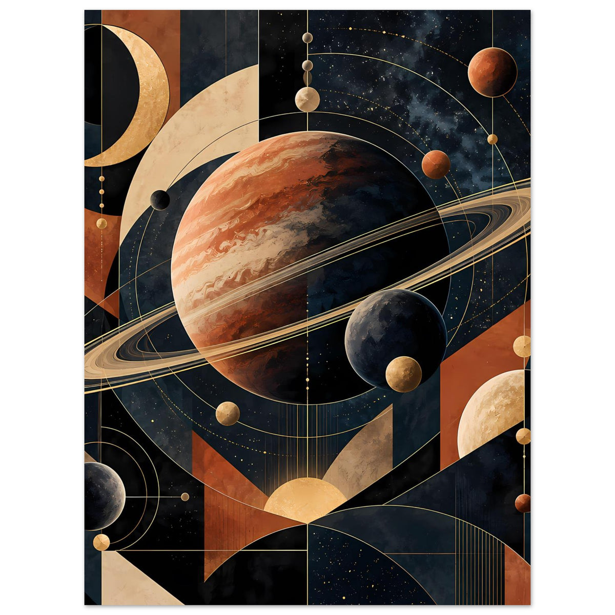 Vertikales Weltraum-Poster mit Planetenkreisen, goldenen Ringen und geometrischen Mustern