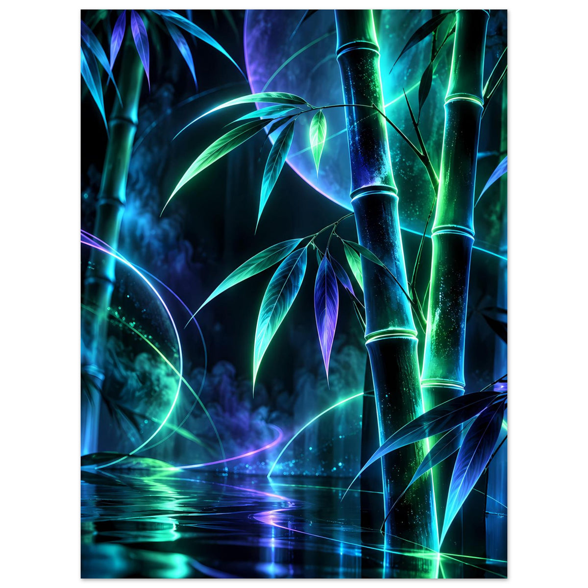 Leuchtendes Neon-Bambusposter, hochformatig: schimmernde Bambusblätter und Lichtlinien in Grün/Blau.