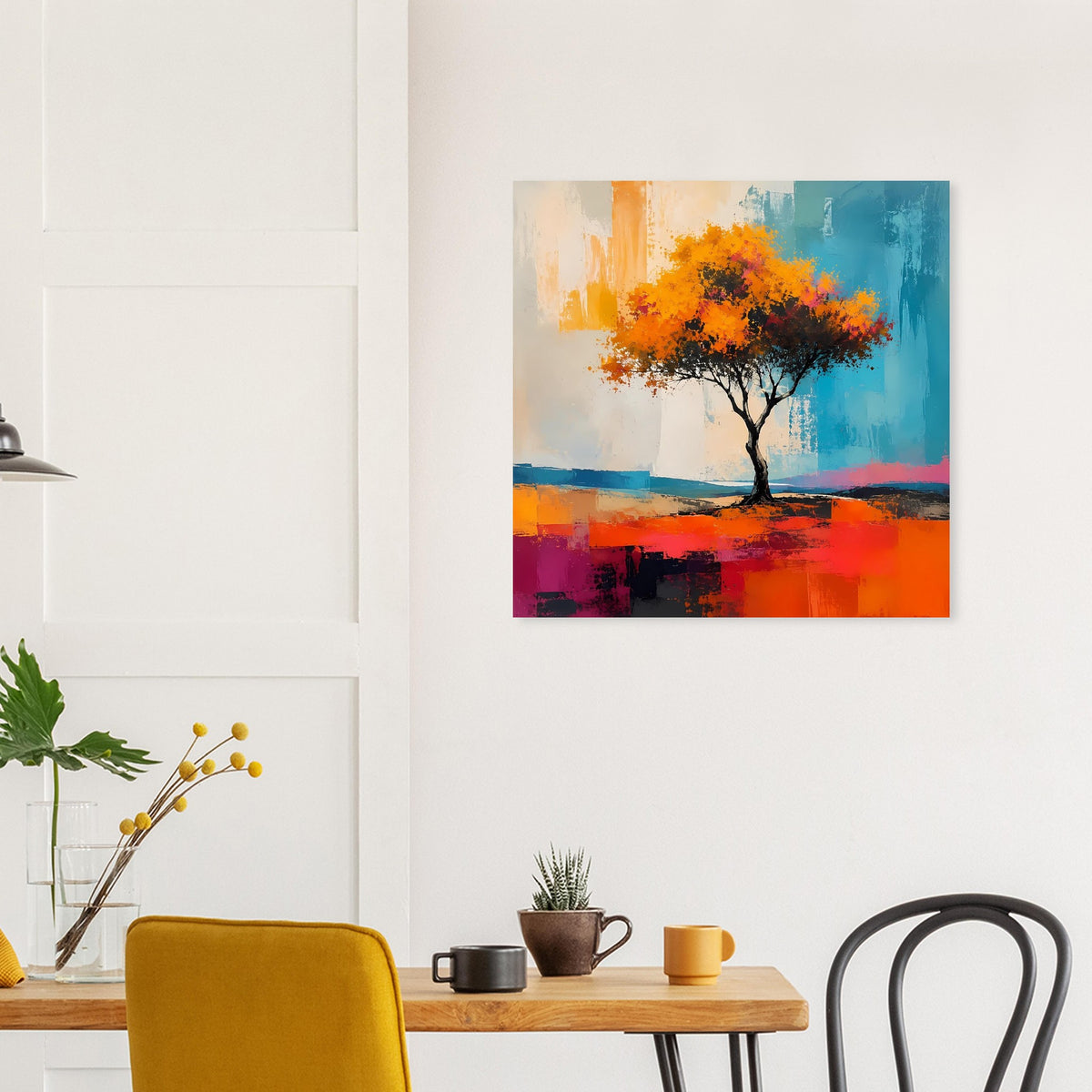 Gerahmtes Poster im Quadratformat: Baum in Orange und Türkis mit buntem Boden