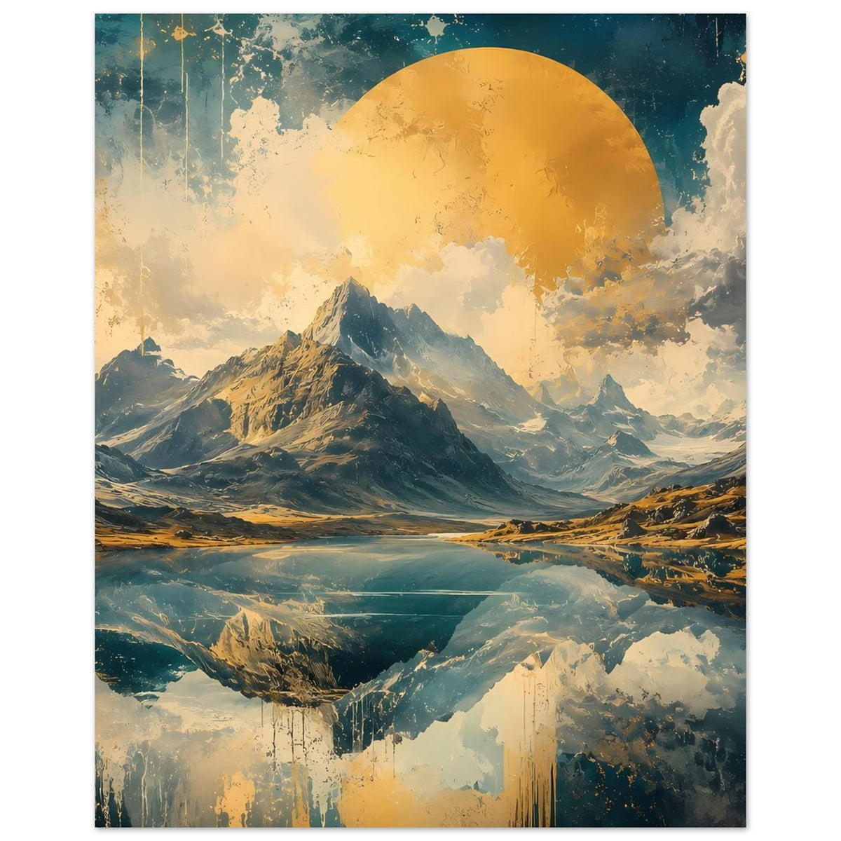 Poster (Hochformat) mit Berggipfeln, reflektiertem Tal und Blau-Gold, gelber Sonne am Himmel