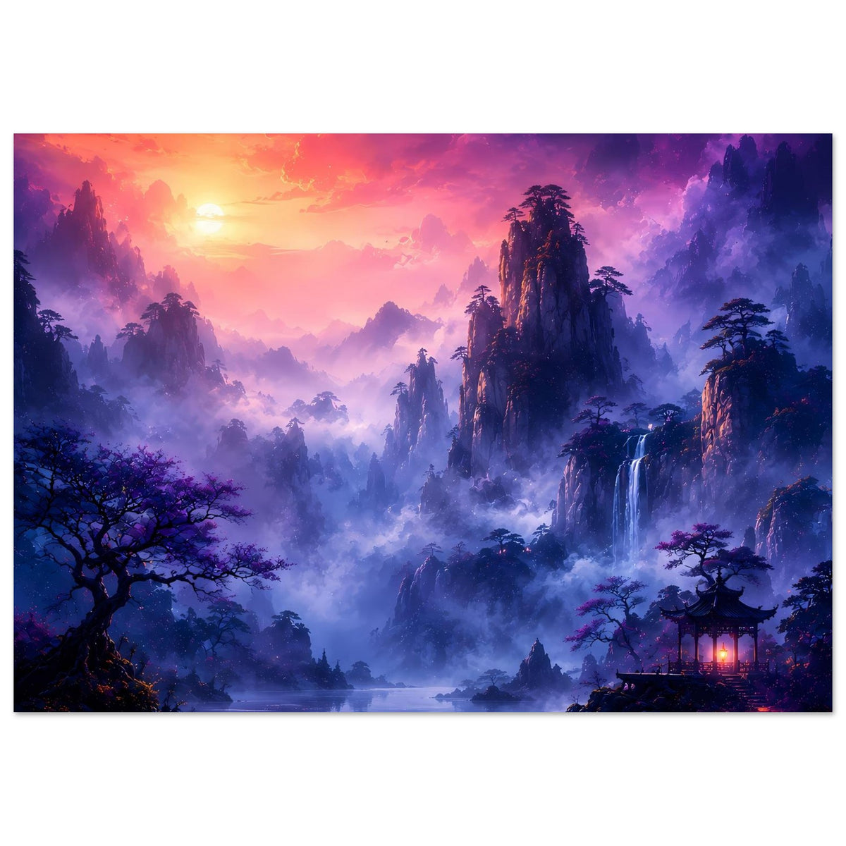 Fantasy-Poster mit Waldsilhouetten, Wasserfall, Nebel und spärlich beleuchtetem Gebäude