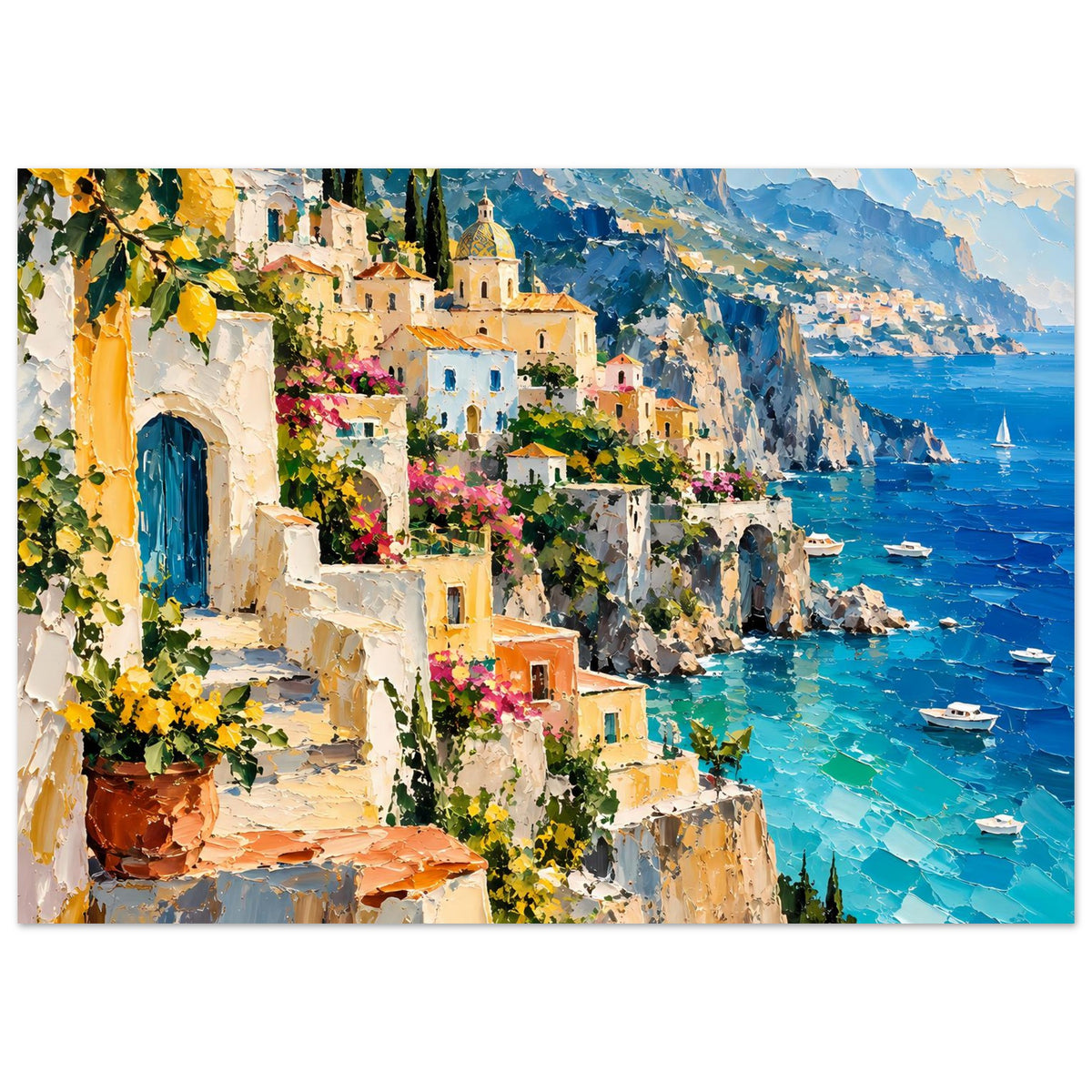 Posterdruck mit mediterraner Bucht, gelben Blüten an Gebäuden und felsiger Küste