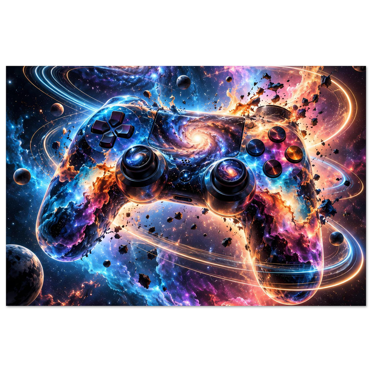 Gaming-Controller-Poster mit Galaxie-Motiv: Controller-Front mit Joysticks, Raumnebel, Querformat