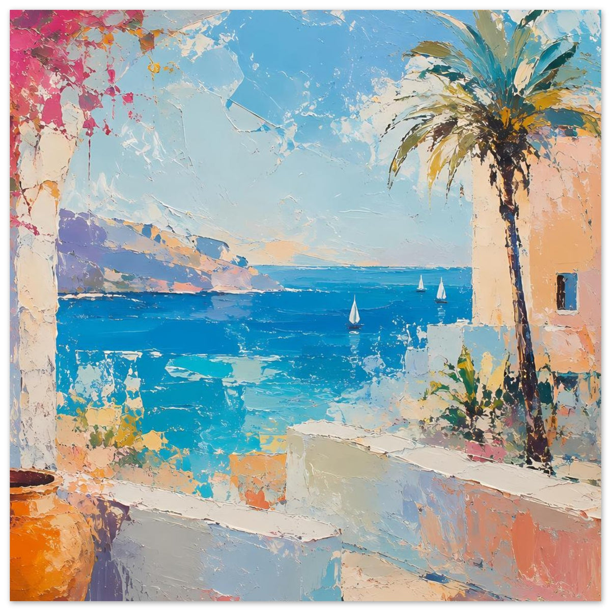 Sommerposter mit großer Palme rechts, blauem Meer und Segelbooten, bunte Strukturflächen links