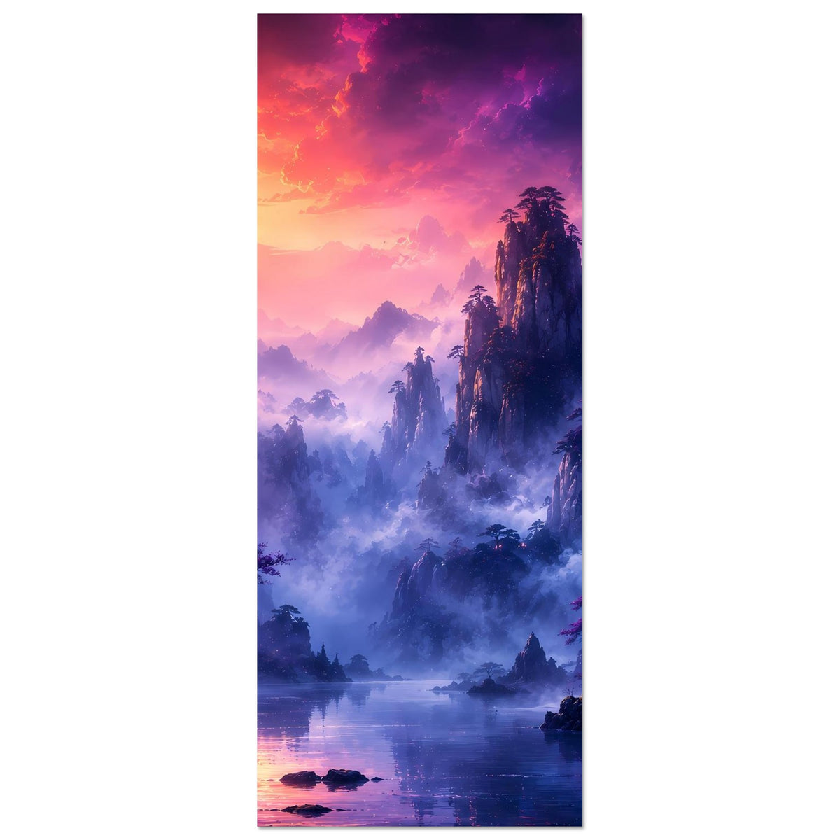 Schmal zugeschnittenes Fantasy-Poster: Nebel, Wasserfall und violetter Sonnenuntergang am See