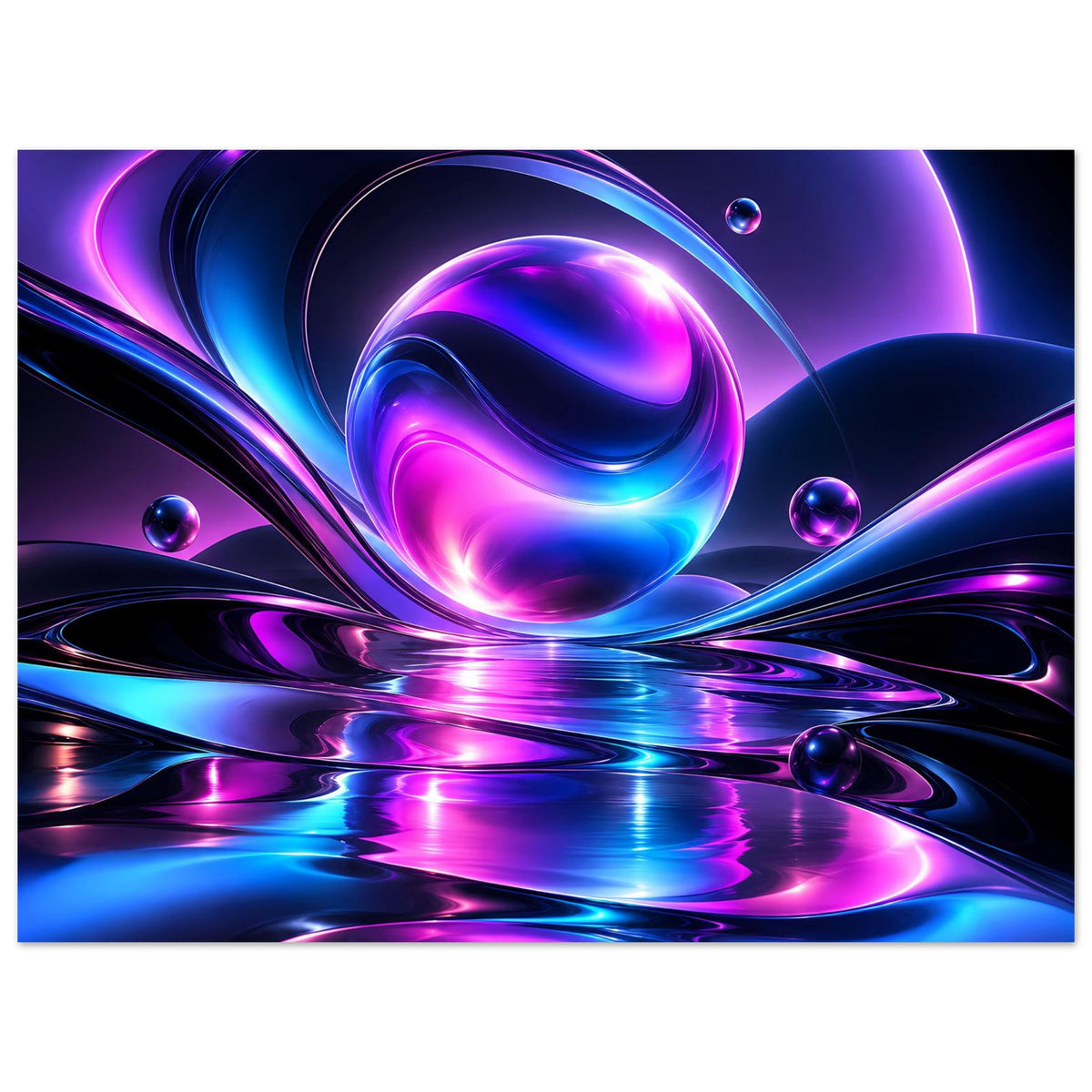 Abstraktes Poster: Neon-Kugel zwischen Lichtschleifen in Blau und Violett mit Reflexionen