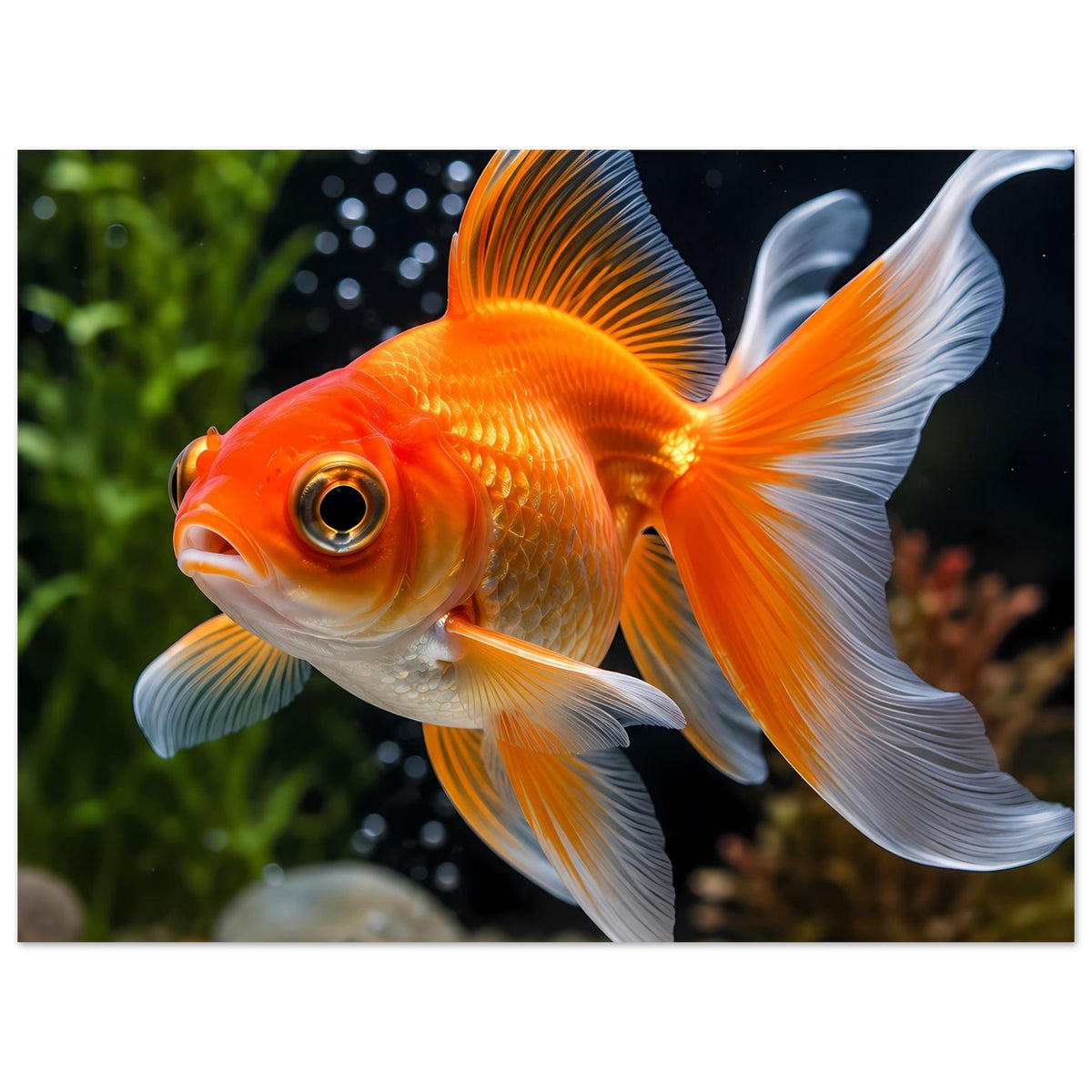 Querformat-Poster: orangefarbener Goldfisch mit weißen Flossen, seitlich im Bild