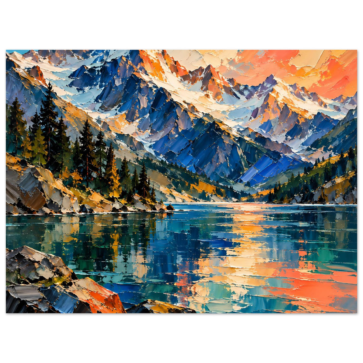 Poster mit Bergsee-Landschaft, fokussierter Blick auf Berge, Wasserreflexionen und Pastellhimmel