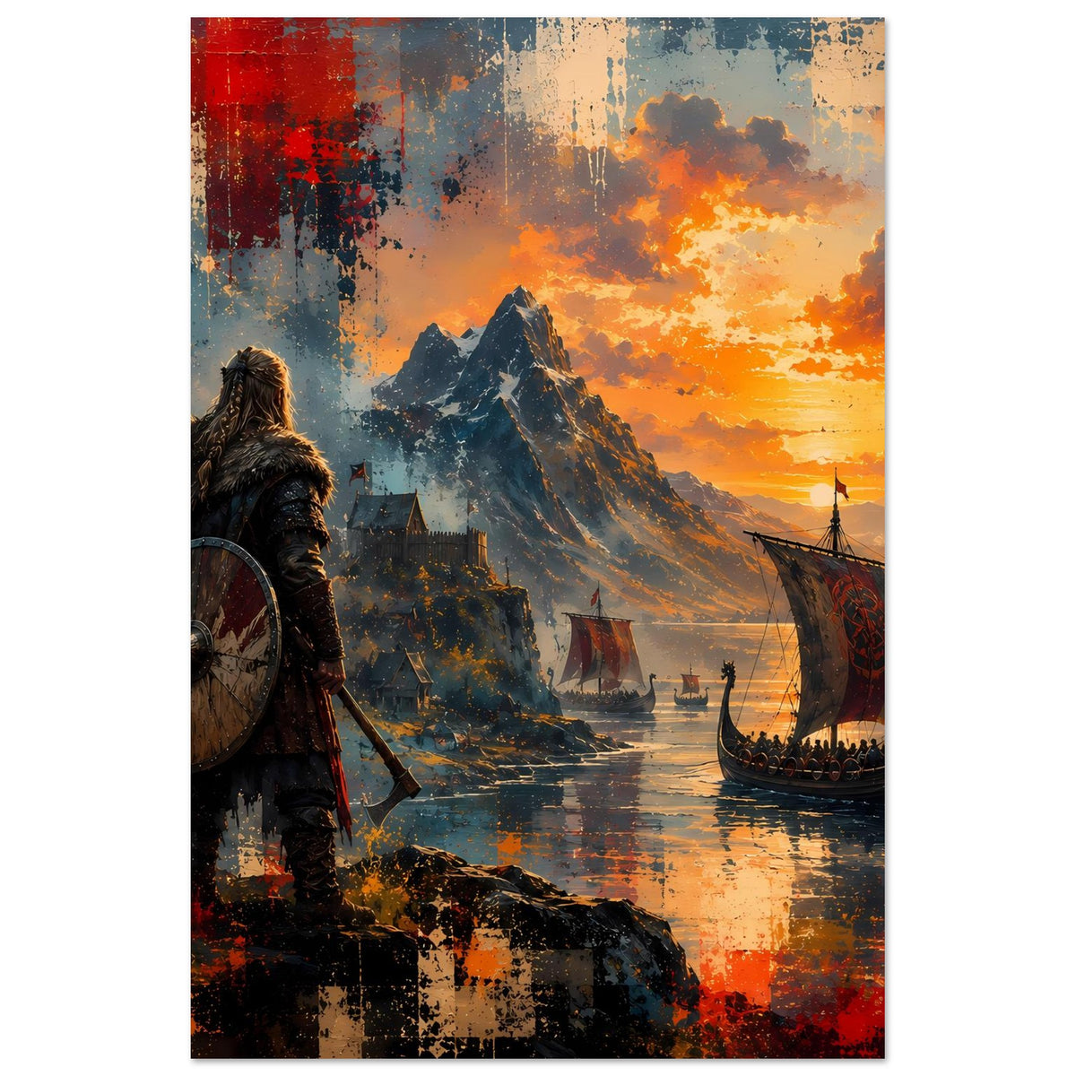 Wikinger-Poster im Hochformat: Krieger mit Rundschild vor brennendem Sonnenuntergang