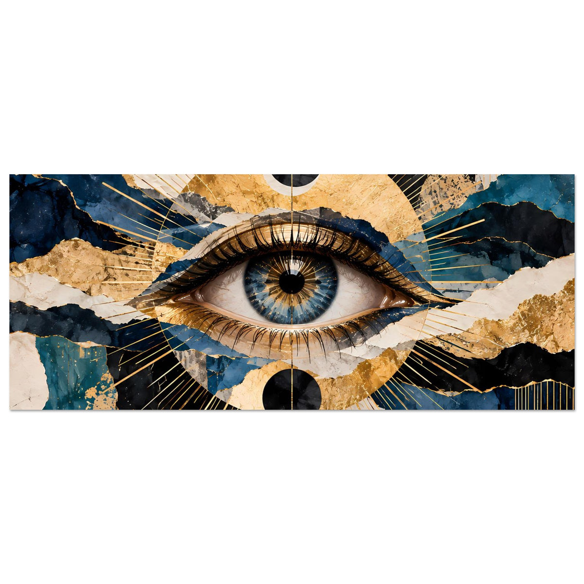 Weit zugeschnittenes Kunstposter mit Auge mittig, blau-goldenes Mandala, schwarzer Hintergrund