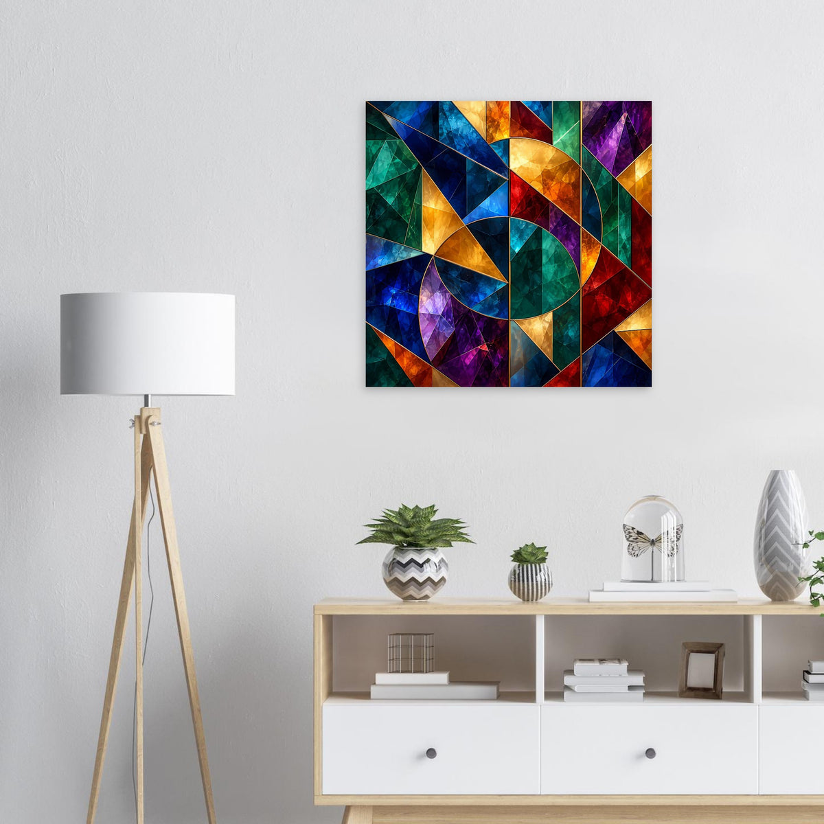 Quadratisches Poster mit geometrischem Glasmalerei-Muster in kräftigen Blau-, Grün- und Orangetönen