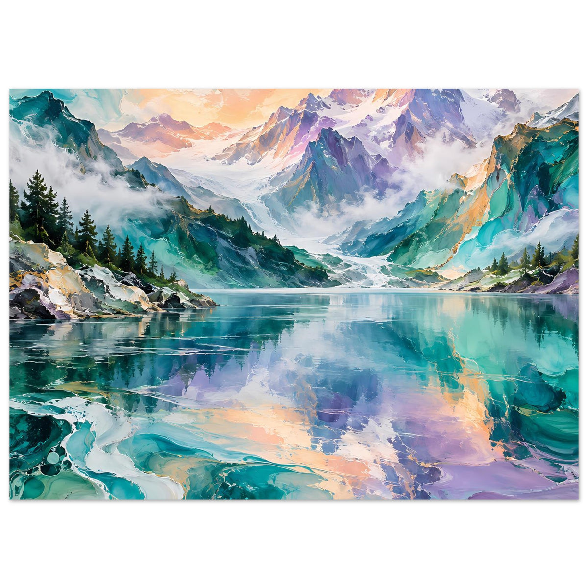 Horizontales Poster mit Berglandschaft und türkis-violettem See, im flachen Rahmen