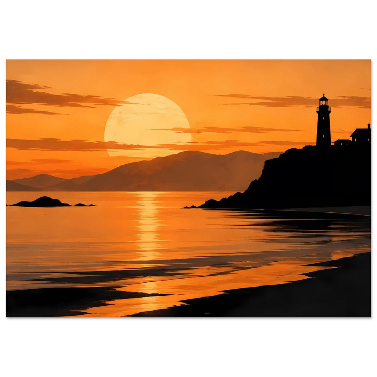Küstenposter im Querformat: Leuchtturm vor dunkler Küste, Sonne am Horizont