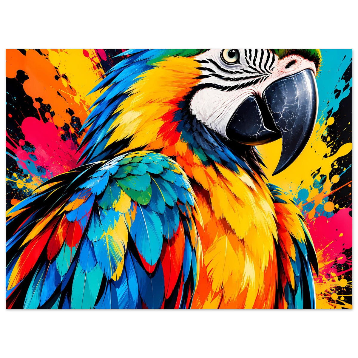 Buntes Papageien-Splash-Art Poster im Querformat, Close-up von Schnabel, Auge und Federn