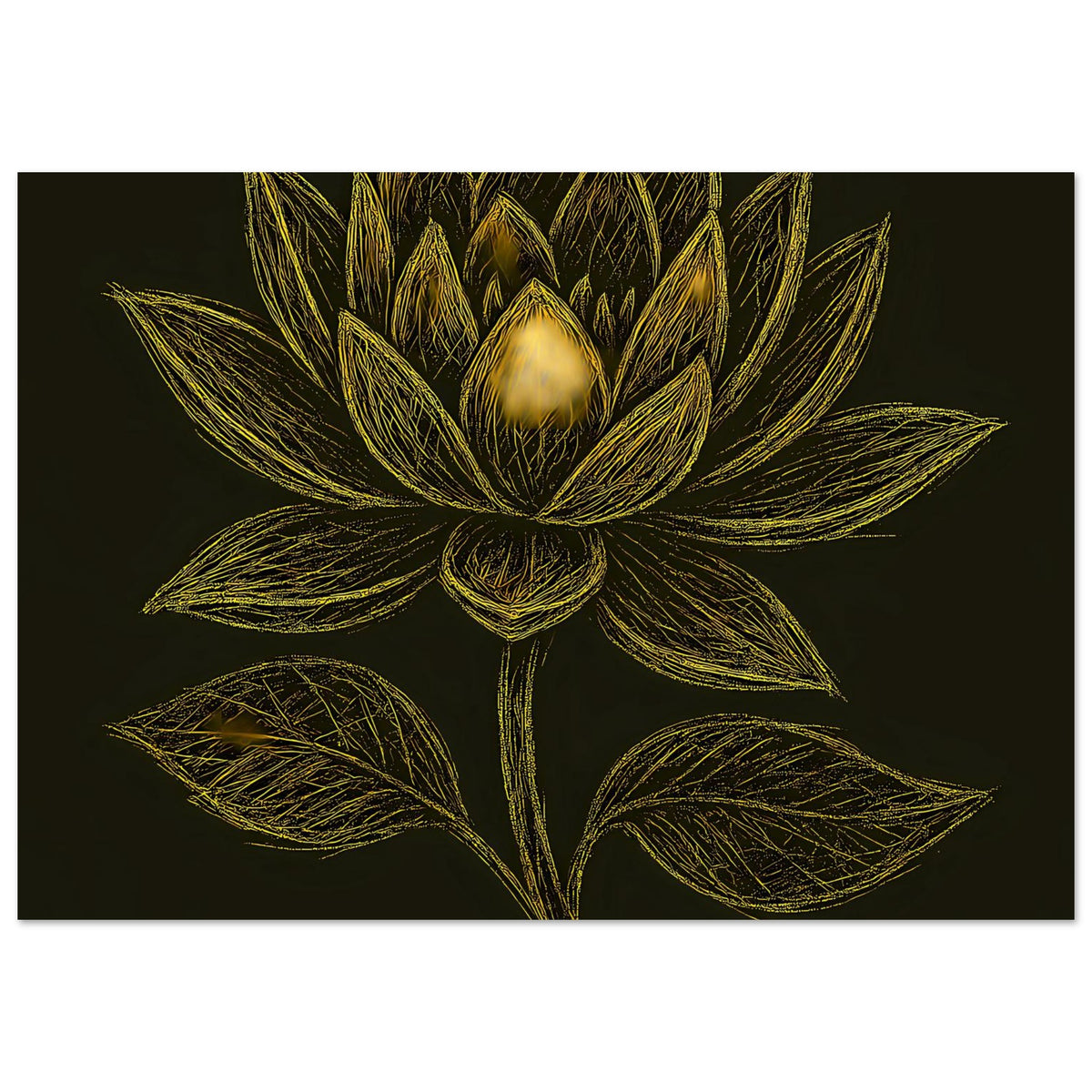 Querformat-Poster mit goldener Lotusblüte und Blättern, zentriertes Motiv auf dunklem Hintergrund