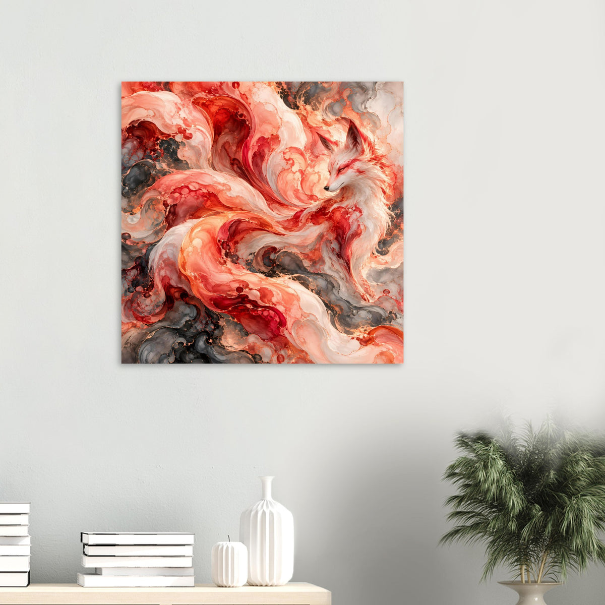 Quadratisches Poster mit abstraktem Fuchsmotiv: Rot-, Orange- und Grauflächen, helle Akzente