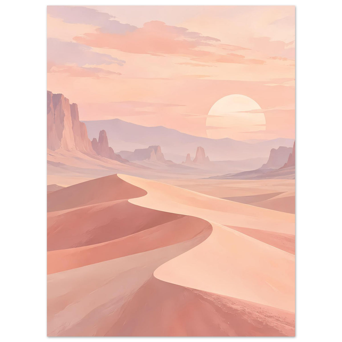 Wüstenposter mit geschwungenen Dünenlinien, Bergzügen und Abendsonne