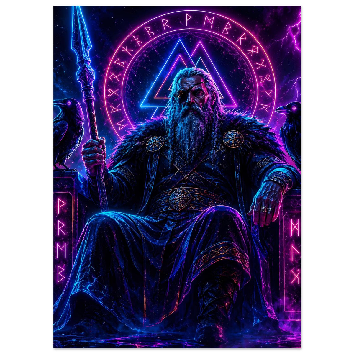 Fantasy-Poster: Wikingerkönig aufrecht, Bart und Fellmantel, leuchtendes Dreieck, Runenkranz