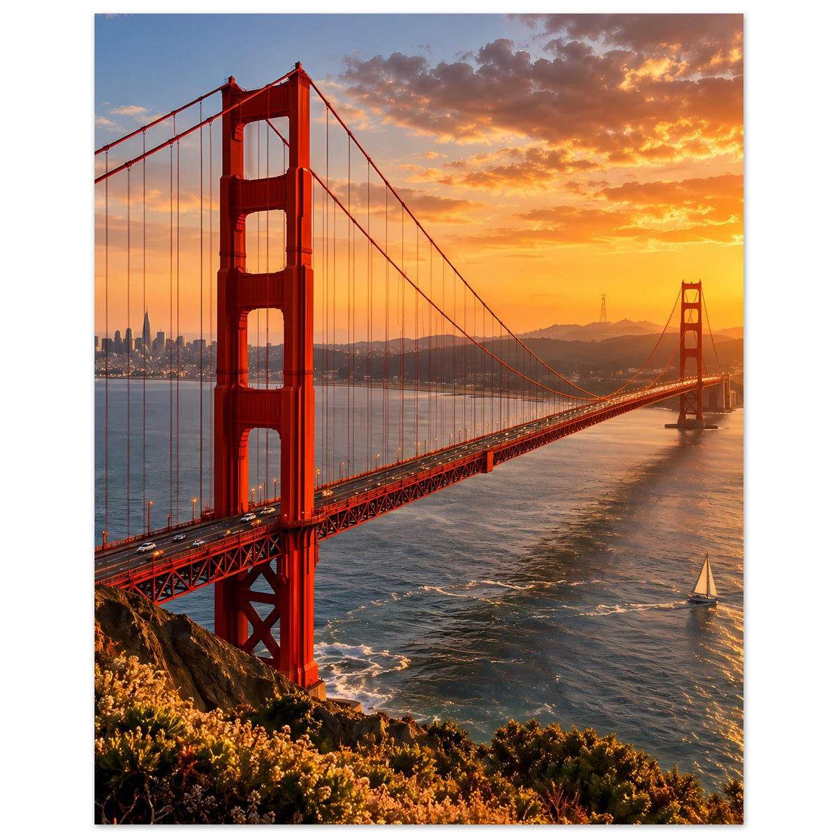 Poster im Hochformat mit roter Hängebrücke und goldenem Himmel bei Sonnenuntergang