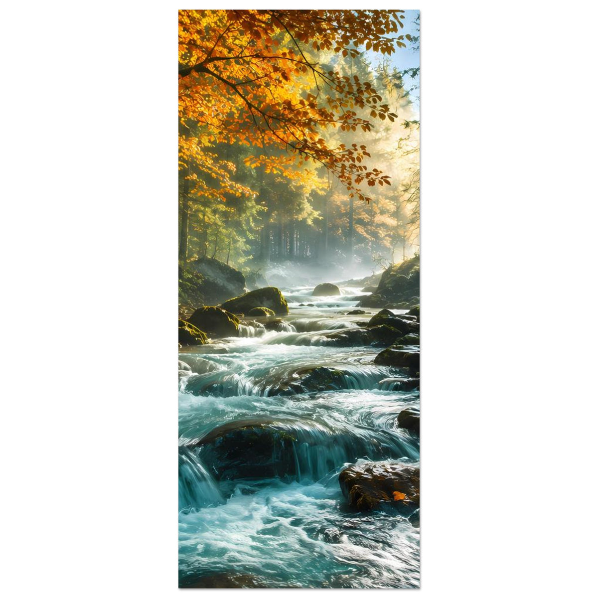 Hochformatiges Poster: Wasserlauf durch Steine im nebligen Wald mit orangefarbenem Laub