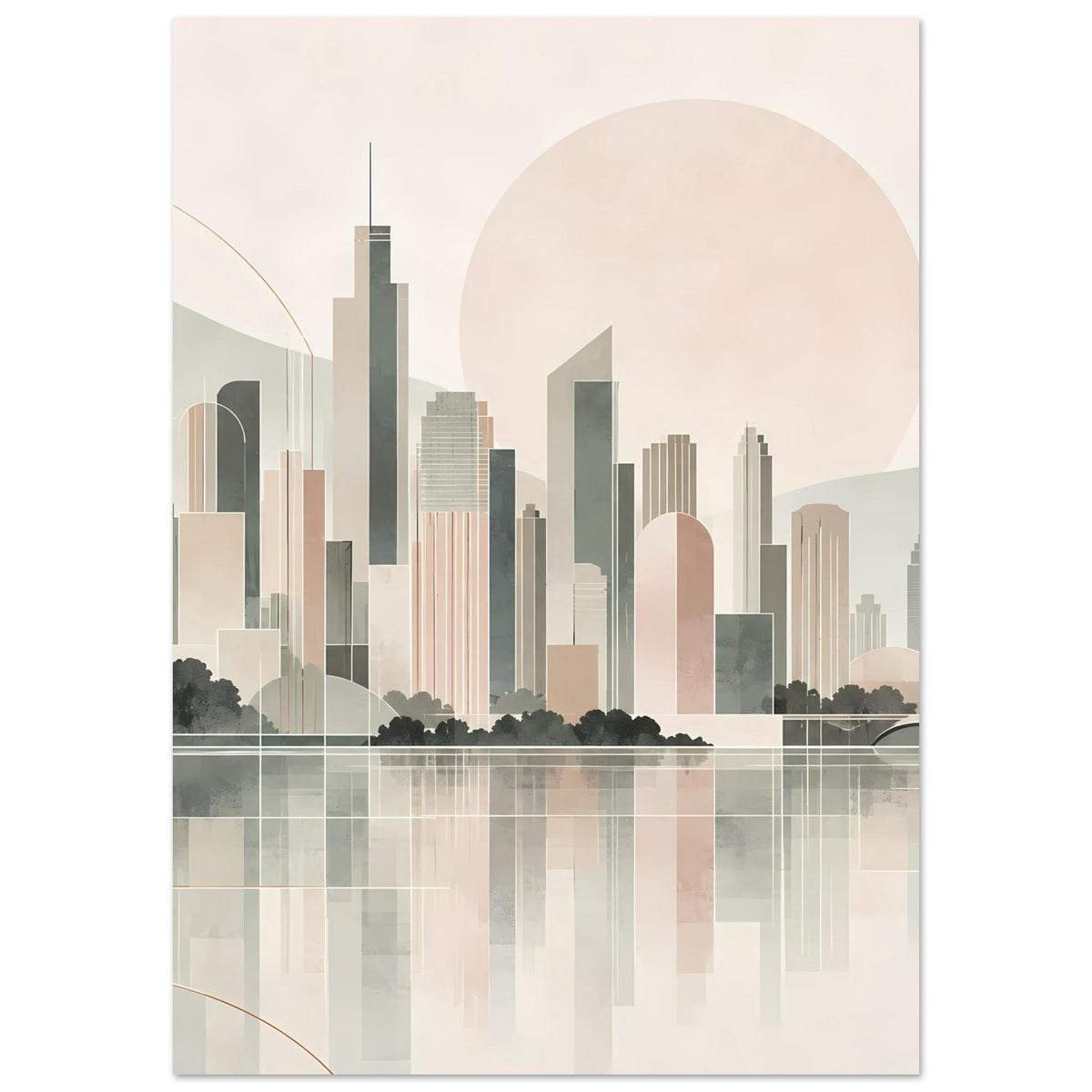 Rechteckiges Stadtposter: moderne Hochhäuser in Pastell, Halbsonne und spiegelnde Fläche