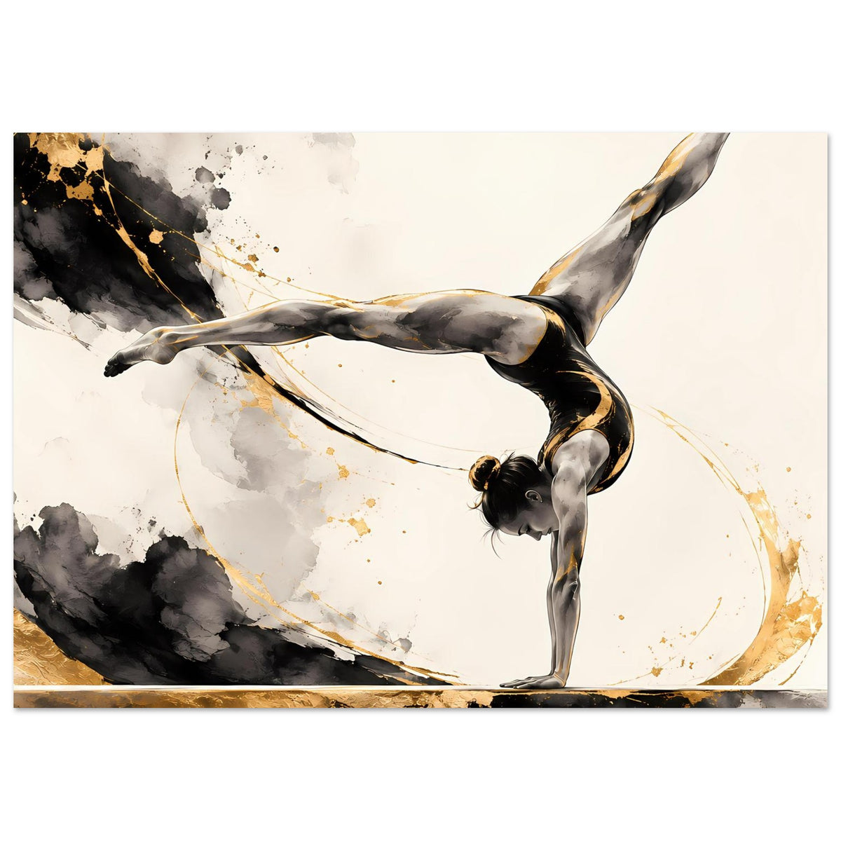 Gymnastikposter, detailreicher Handstand der Turnerin, schwarz-goldene Sprenkel und Linien