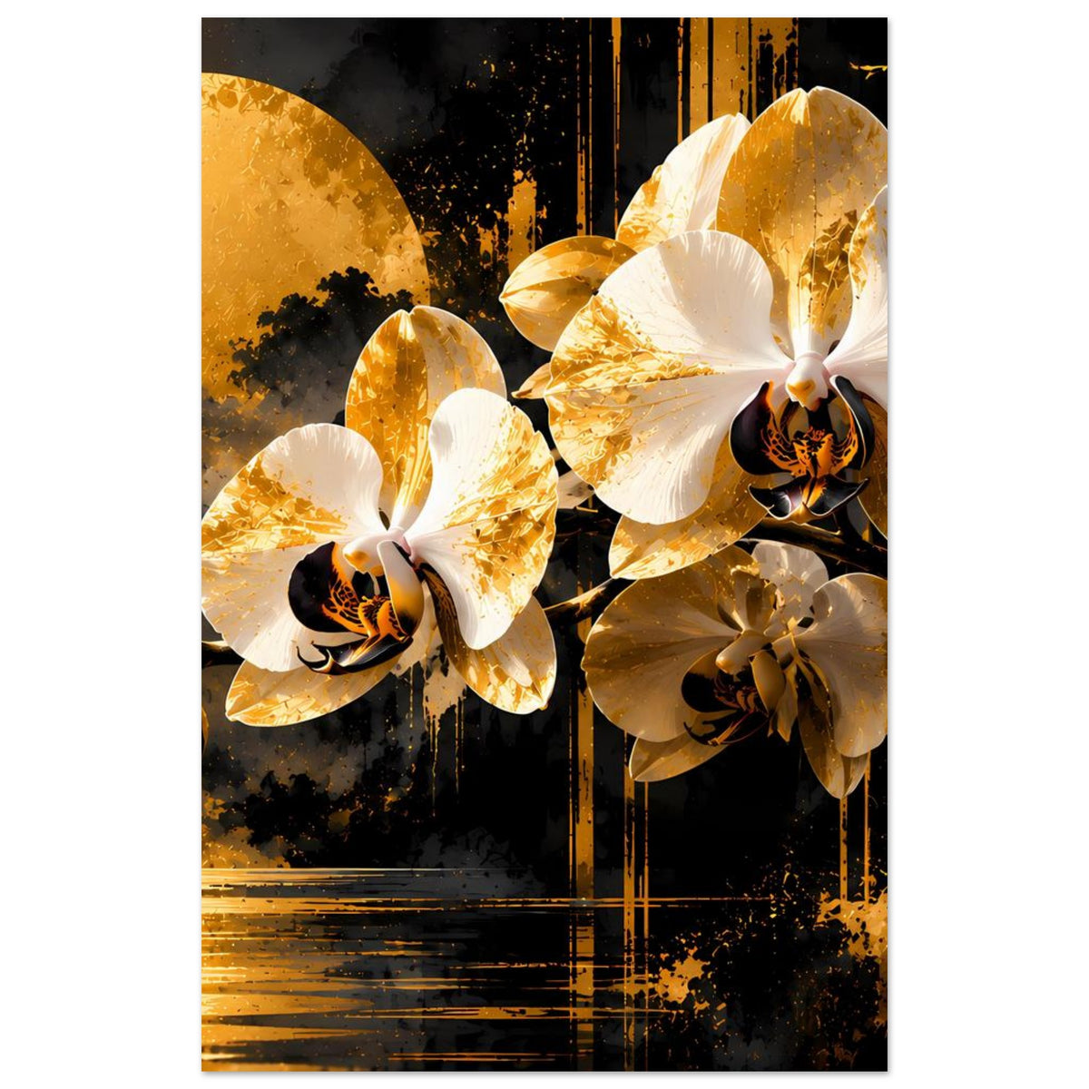 Poster mit Orchideenmotiv im Hochformat, goldene und weiße Blüten mit dunklen Akzenten