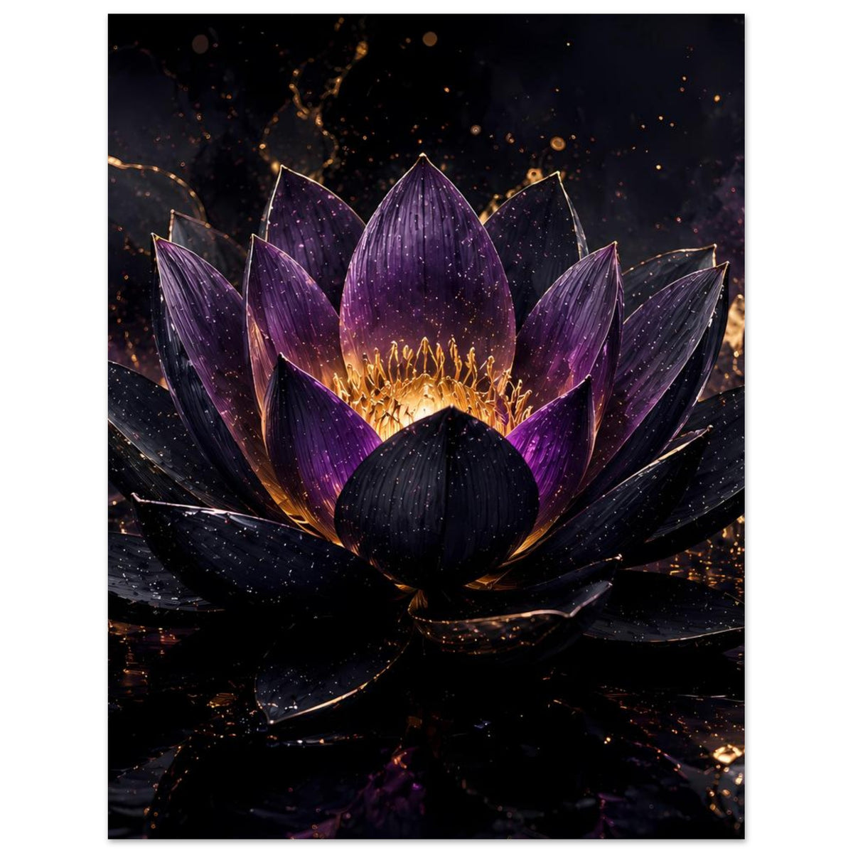 Poster mit Lotusblüte in Violett und Gold, Hochformat
