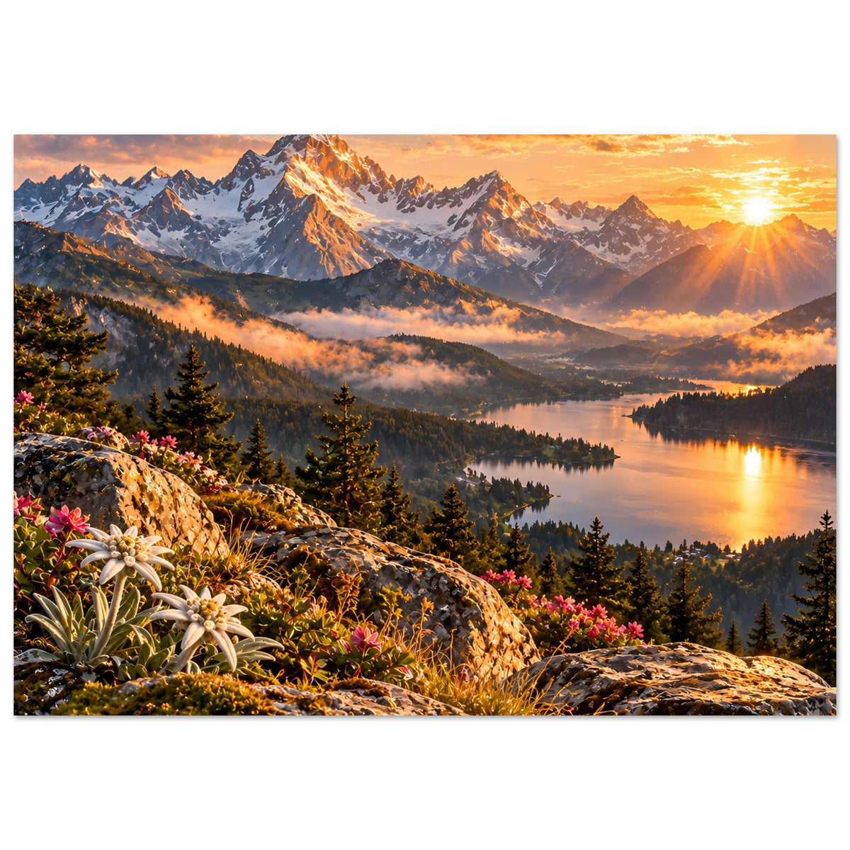 Poster mit Bergpanorama und Seeufer, warmes Sonnenlicht, Tannenwald entlang des Gewässers