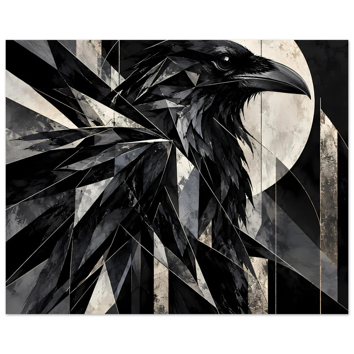 Kunstposter mit geometrischem Raben in Schwarz-Weiß, Kopfdetail mit Dreiecks-Federn, Querformat