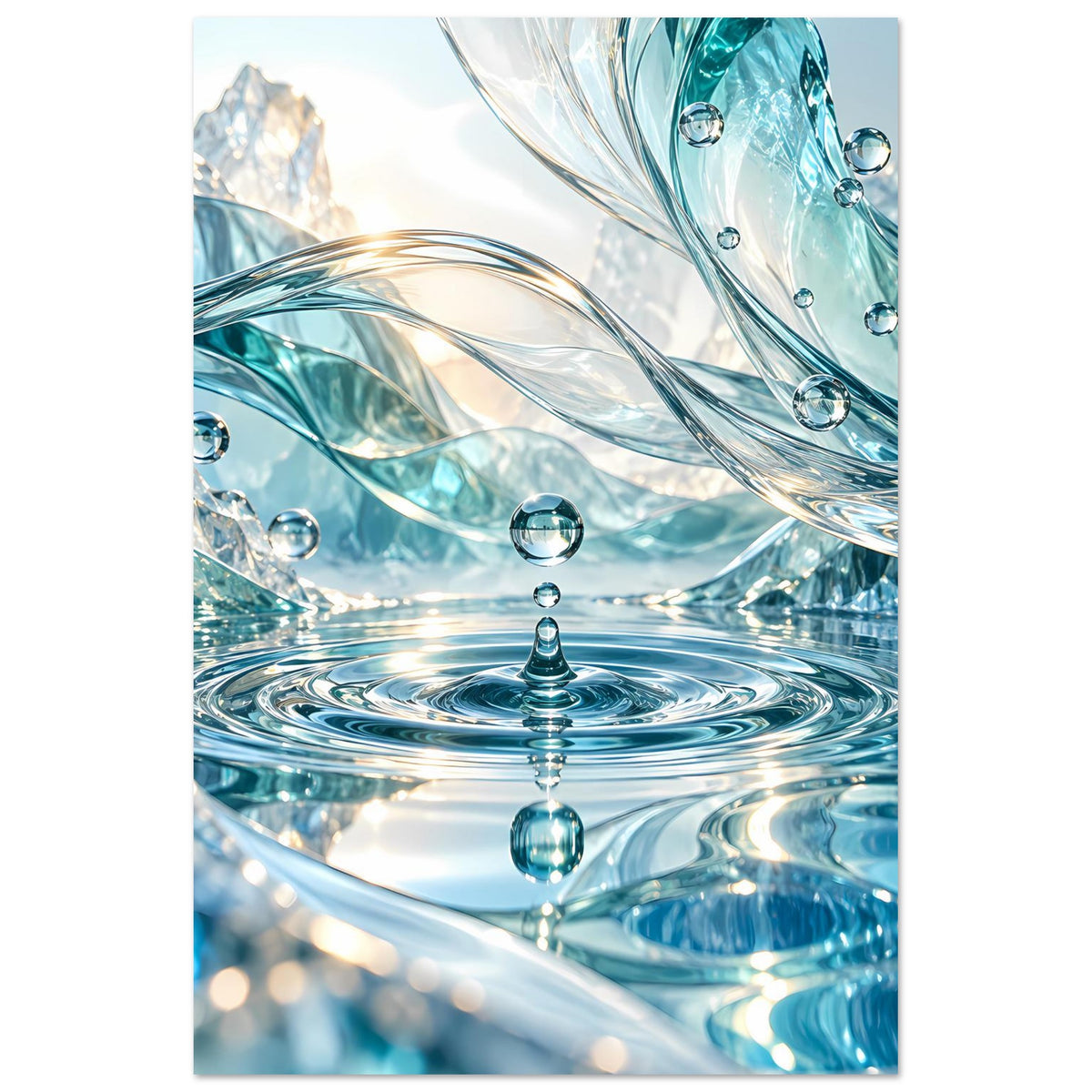 Wasserwelt-Poster im Hochformat mit türkisblauen Wellen, kreisenden Ringen und Tropfen