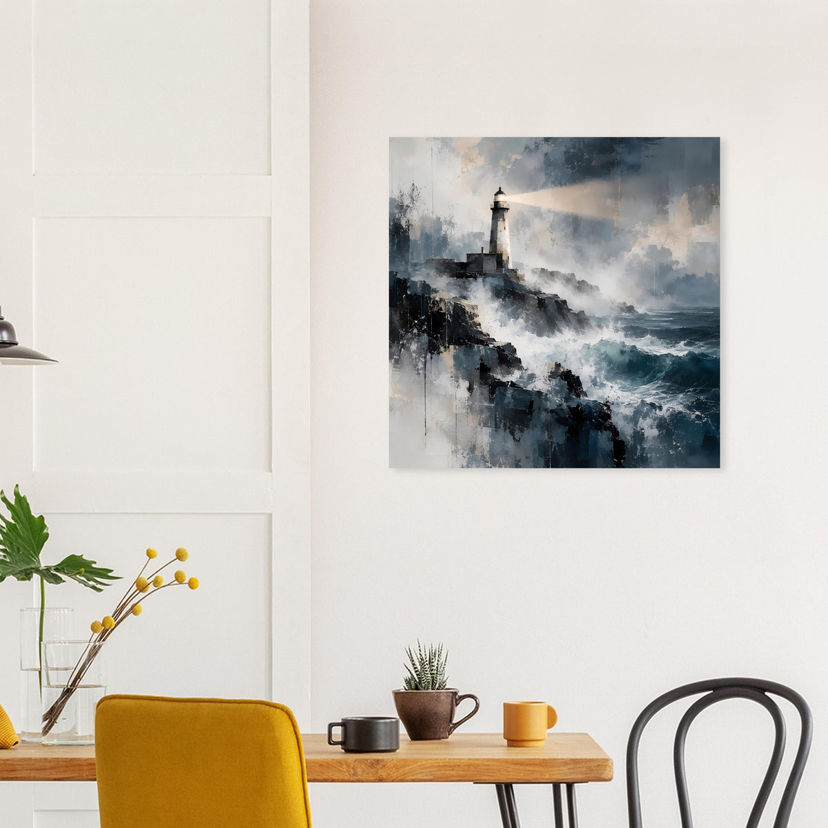 Maritimes Poster mit Leuchtturm über dunklen Wellen, Blau-Grautöne