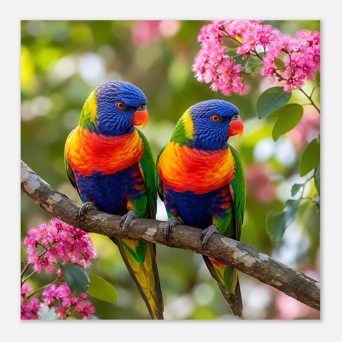 Poster mit zwei bunten Regenbogen-Lorikeets auf Ast und rosa Blüten oben