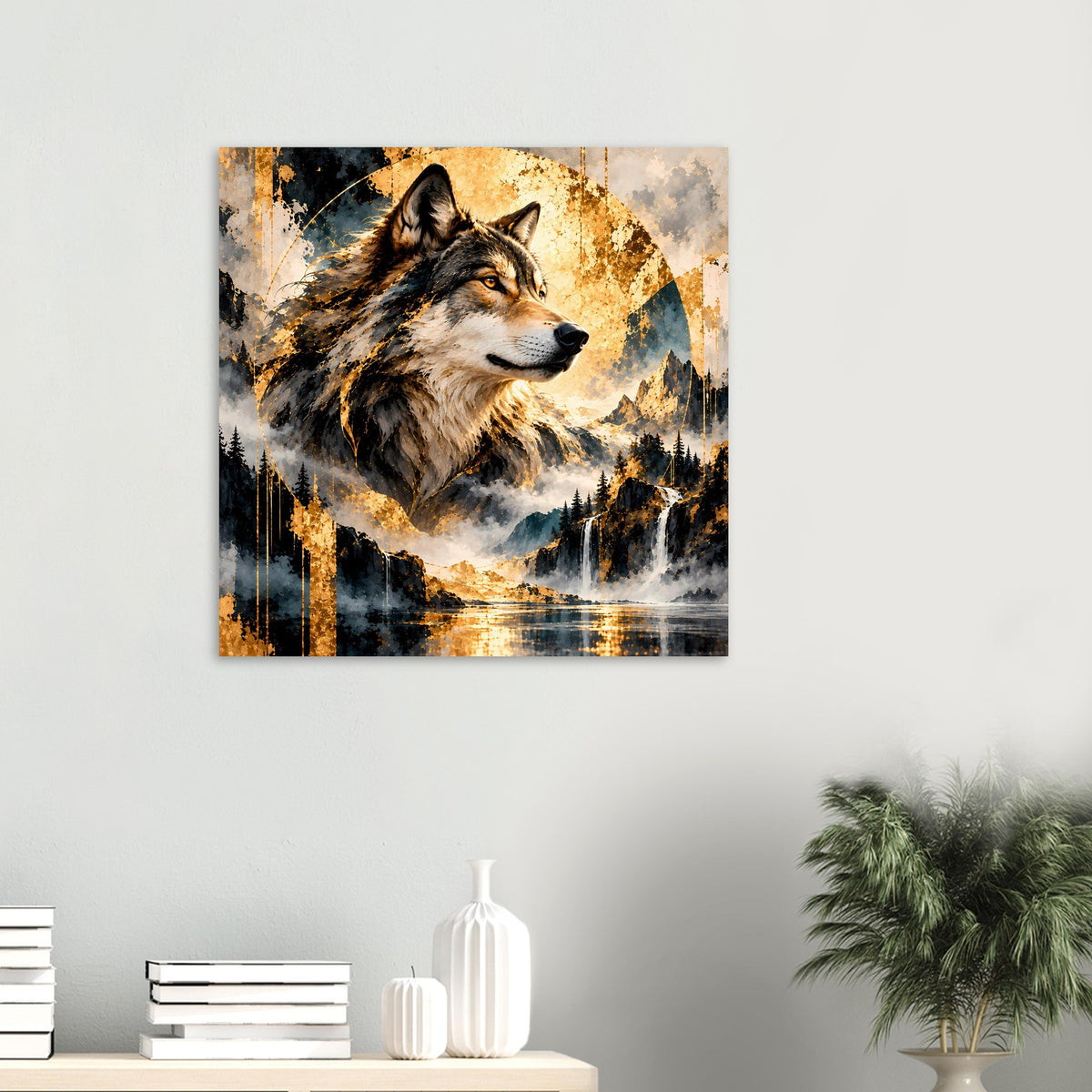 Wolfs-Artposter quadratisch mit Wolfsgesicht, Goldakzenten und Berg-Wasserfalllandschaft