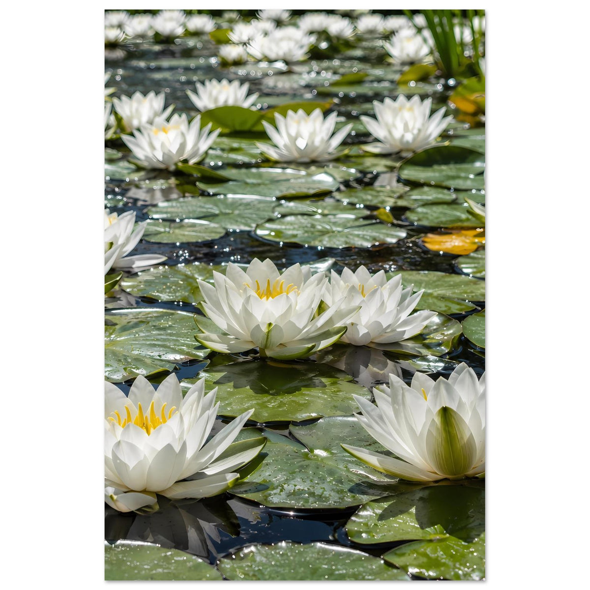 Hochformat-Poster mit weißen Seerosen auf Wasser, Blick auf Blüten und grüne Blätter