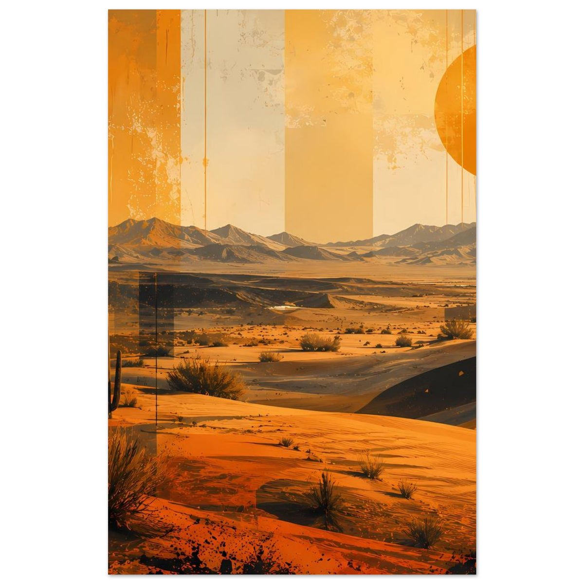Vertikales Wüstenposter mit Kakteen, Sanddünen und orangefarbener Sonne
