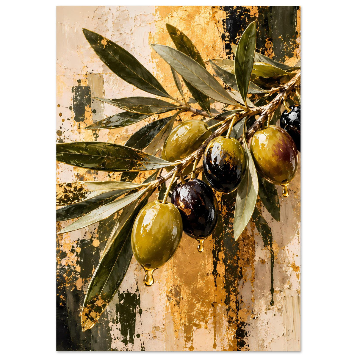 Olivenzweig-Poster: goldene und schwarze Oliven an grünen Zweigen, detailreiche Blätter