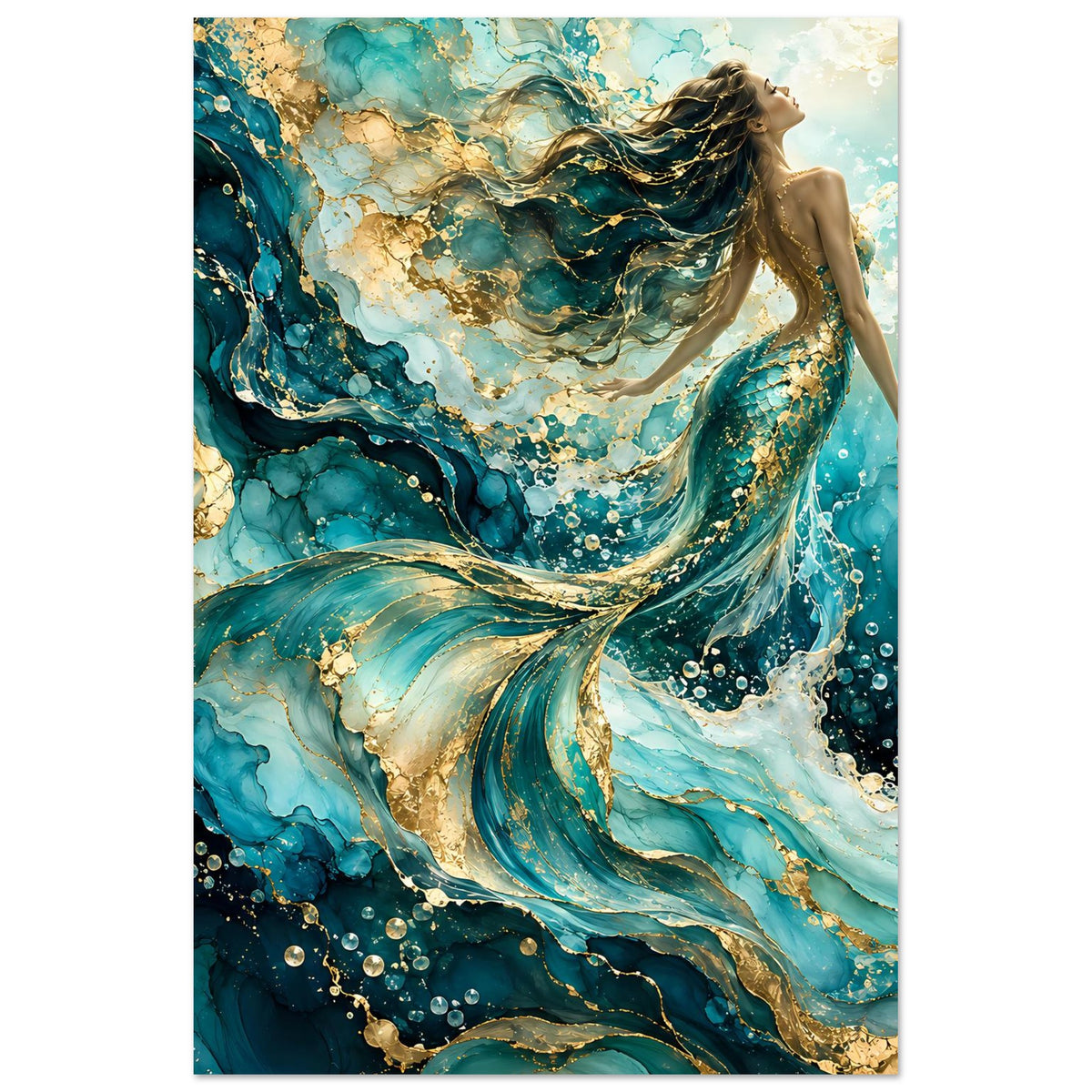 Kunstposter Meerjungfrau im vertikalen Format, türkisblaues Wellenmeer mit goldenen Akzenten