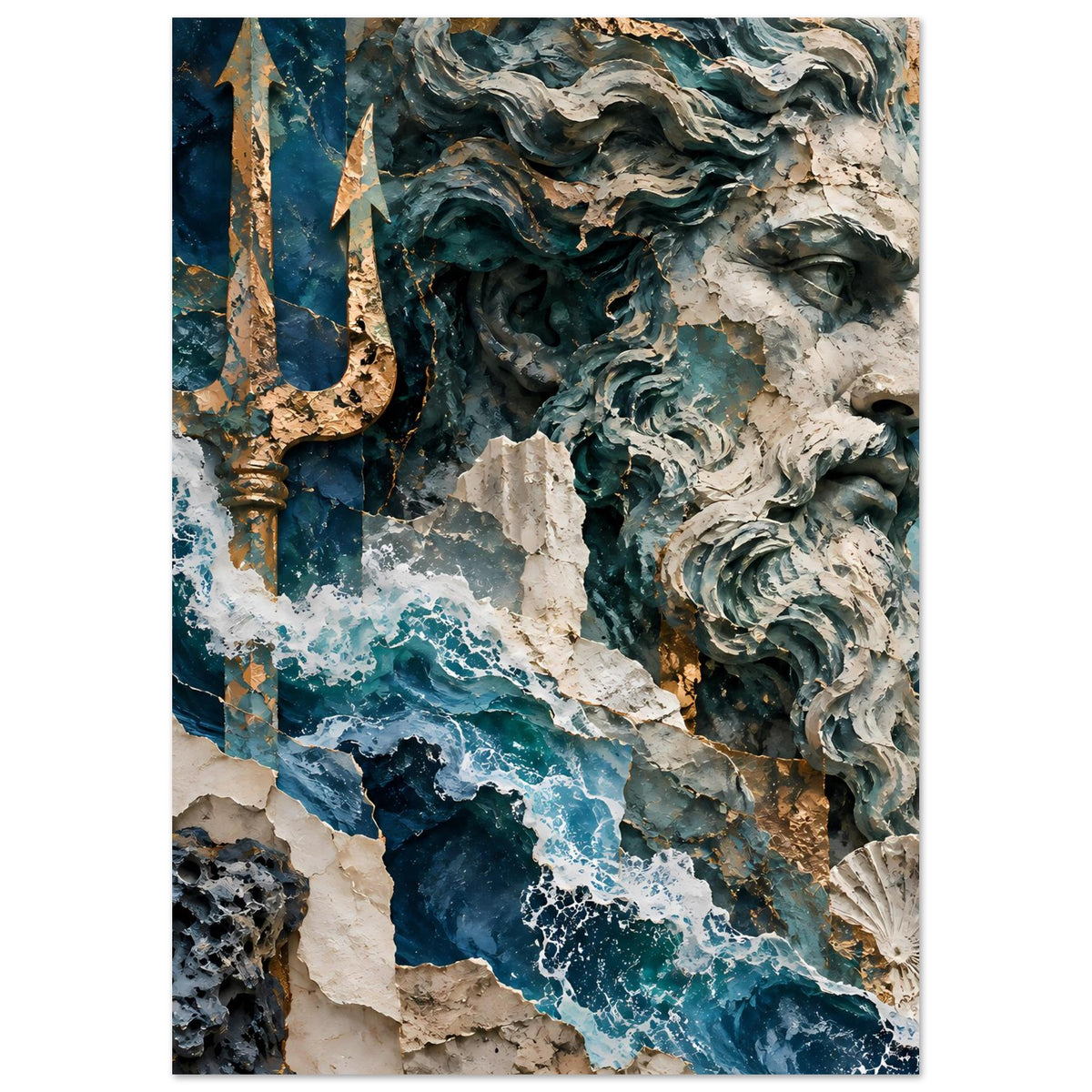 Neptun-Poster, vertikaler Ausschnitt: antike Skulptur mit Trident und Meeresschaum