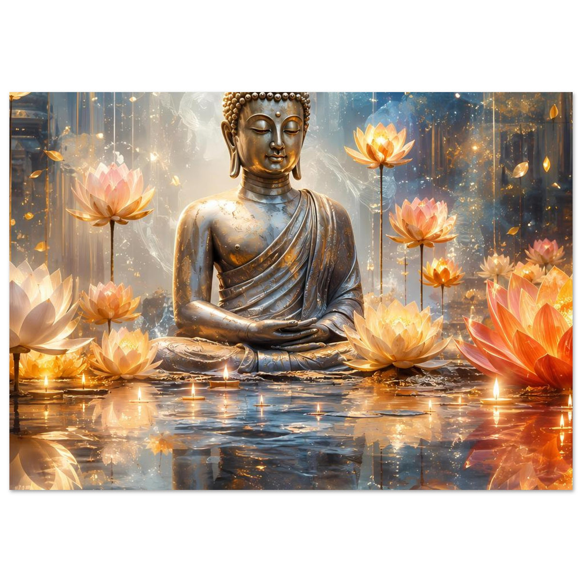 Poster: sitzender Buddha in Goldfarben mit Lotusblüten und Lichtern auf dem Wasser
