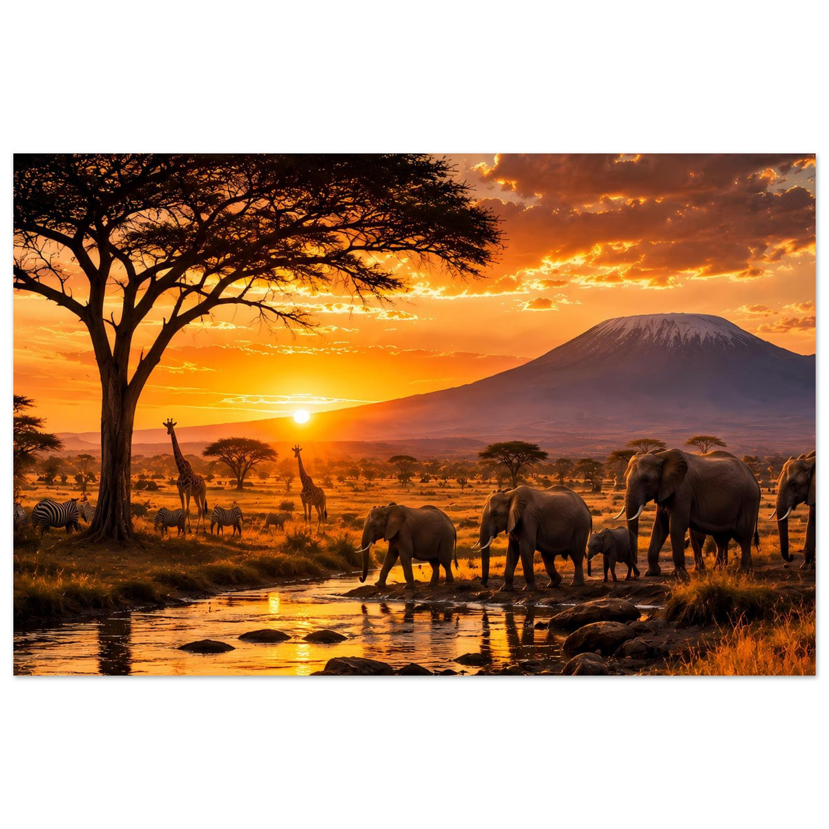 Safari-Poster mit Elefanten am Wasser und Akazienbaum, Sonnenuntergang über Berg