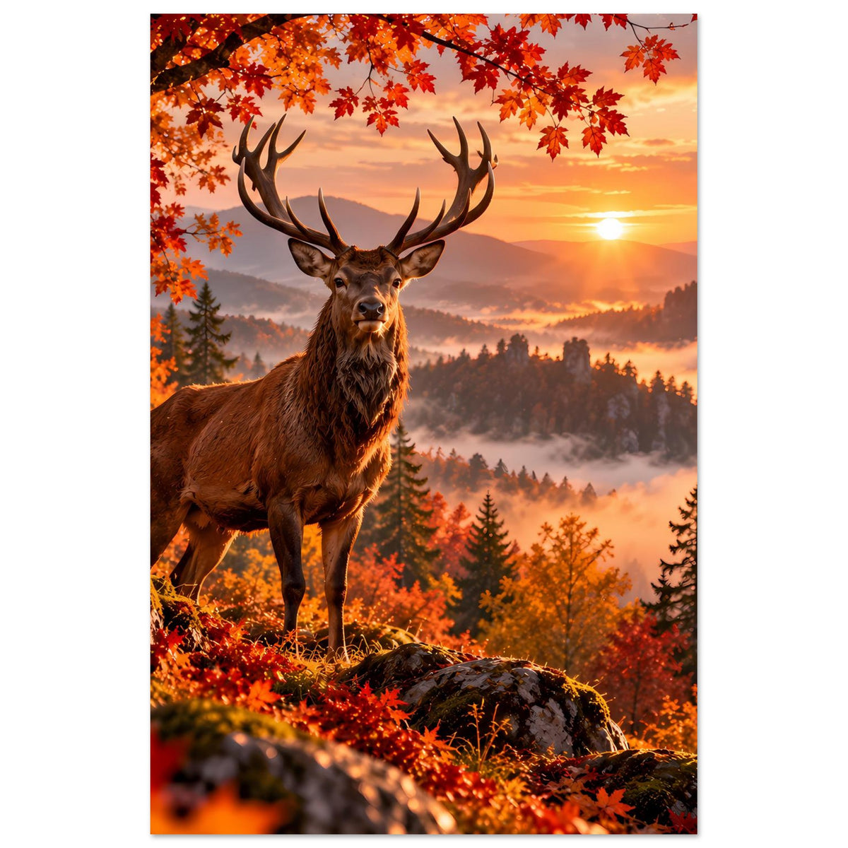 Herbstliches Hirschposter im Hochformat mit Geweih, orange Laubkante und Sonnenaufgang