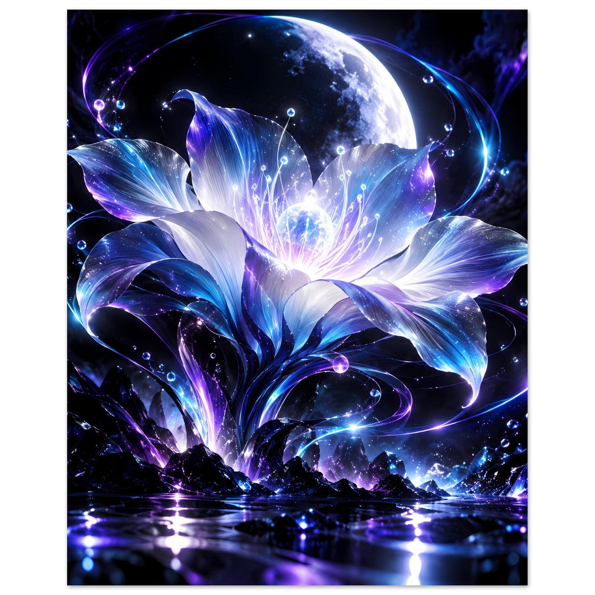 Hochformatiges Poster mit mondbeleuchtetem Lichtornament und blauer-violetter Blüte