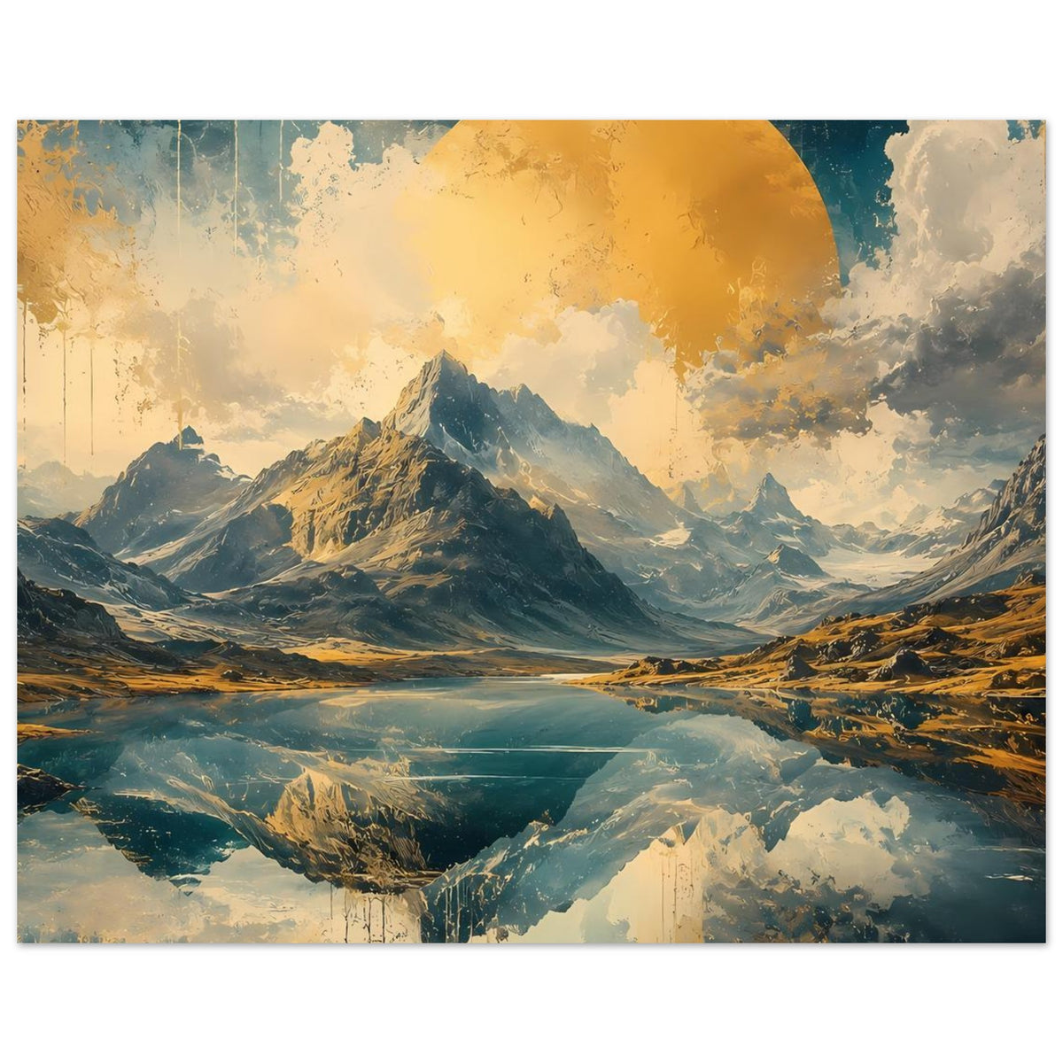 Poster (Querformat) mit Berglandschaft und Spiegelung, Blau-Gold-Farbklima, gelber Bogen