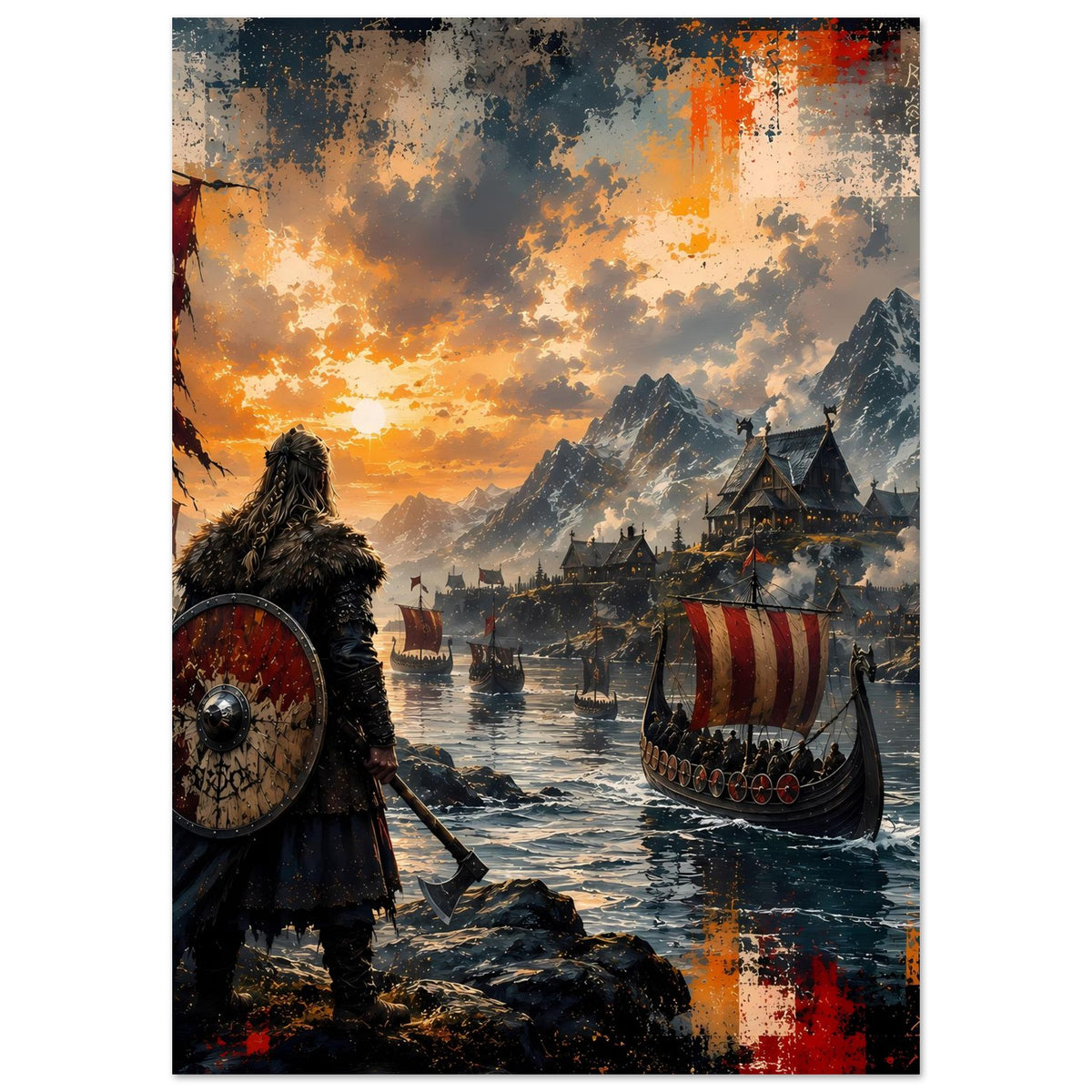 Wikinger-Saga-Poster, vertikal: Schildträger links, Langschiff rechts vor Bergkulisse.