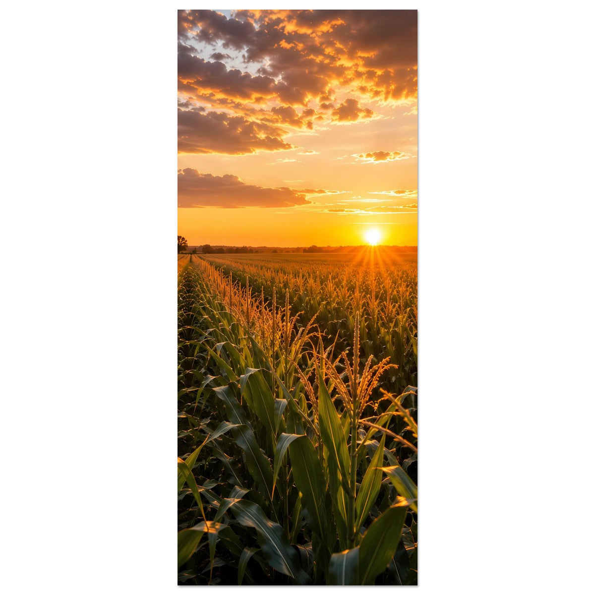Schmales, vertikales Poster mit Maisfeld und Sonne über dem Horizont